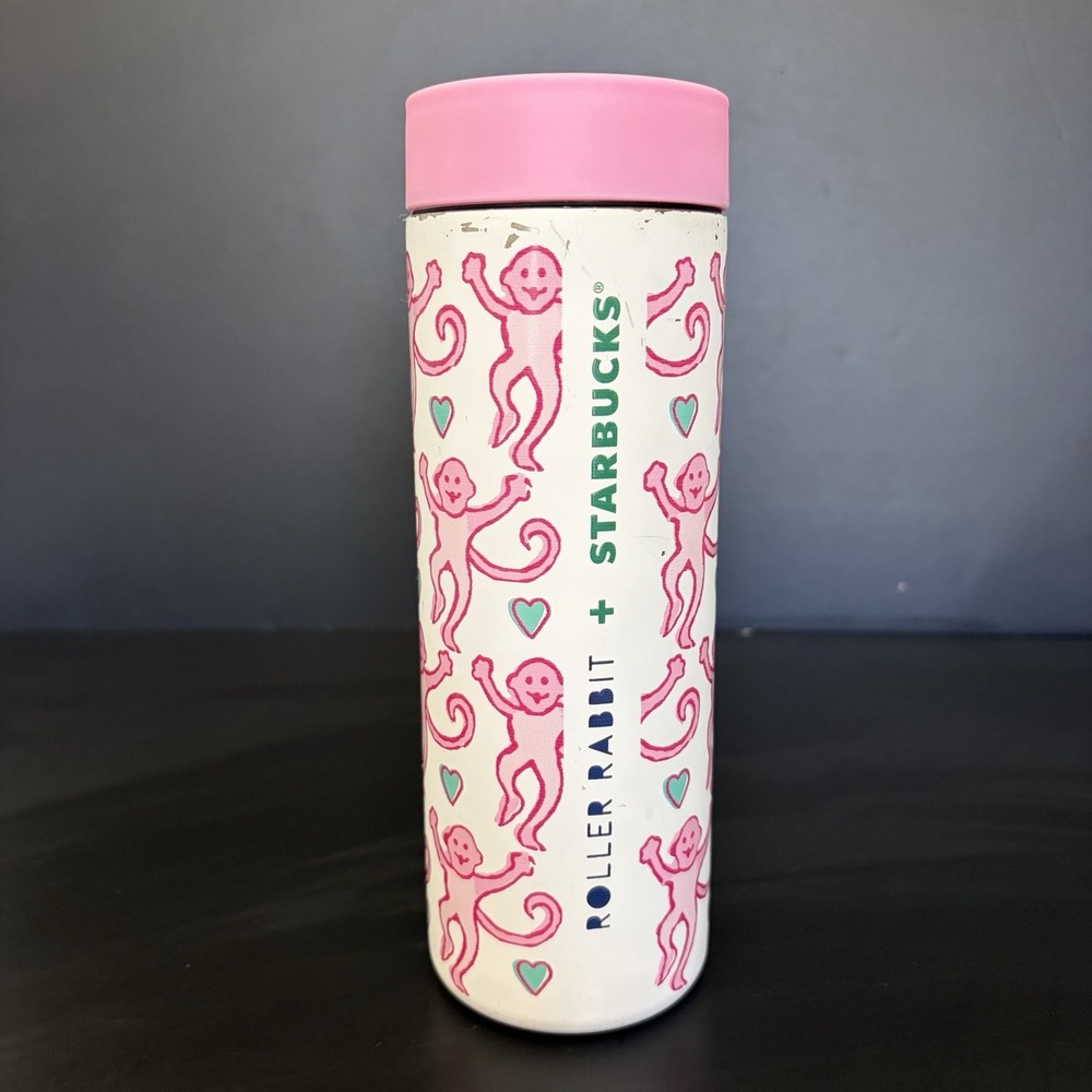 Starbucks x Roller Rabbit Stainless Steel Tumbler 16oz 2025 Holiday Pink Monkey